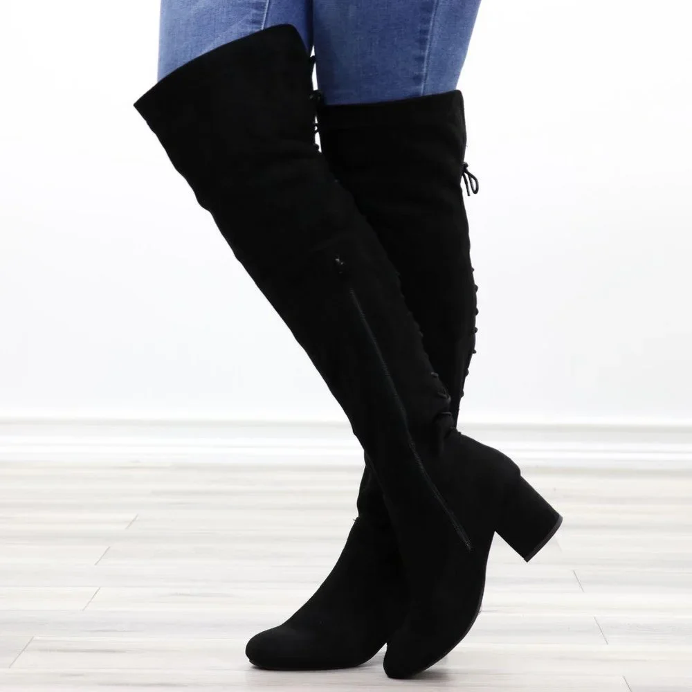 Low Heel Thigh High Boots Faux Suede Back Womens Lace Up Black Above The Knee - Picture 7 of 15